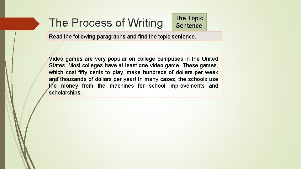 The Process of Writing The Topic Sentence Read the following paragraphs and find the