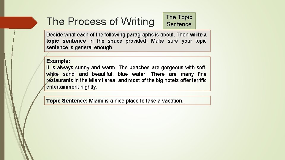 The Process of Writing The Topic Sentence Decide what each of the following paragraphs