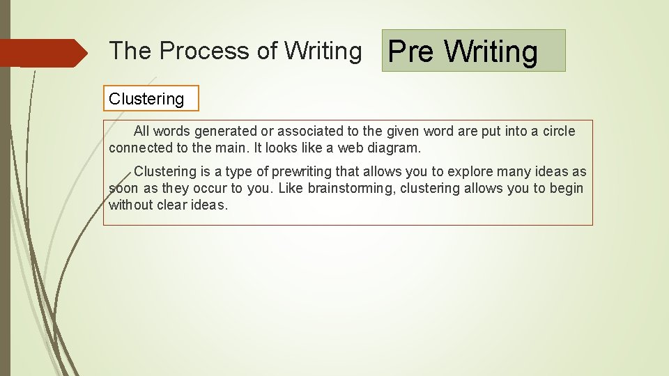 The Process of Writing Pre Writing Clustering All words generated or associated to the