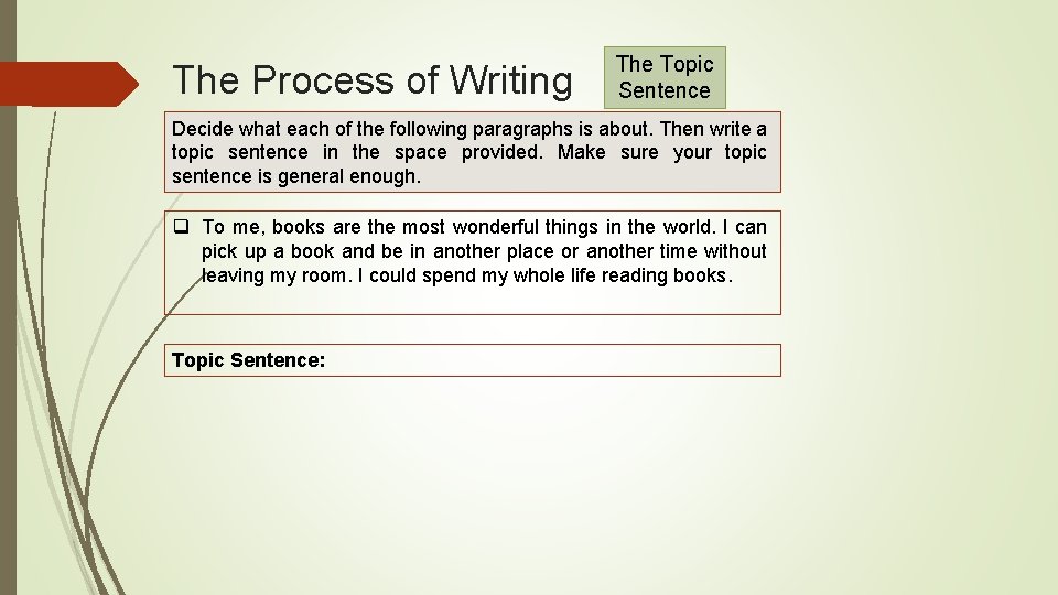 The Process of Writing The Topic Sentence Decide what each of the following paragraphs