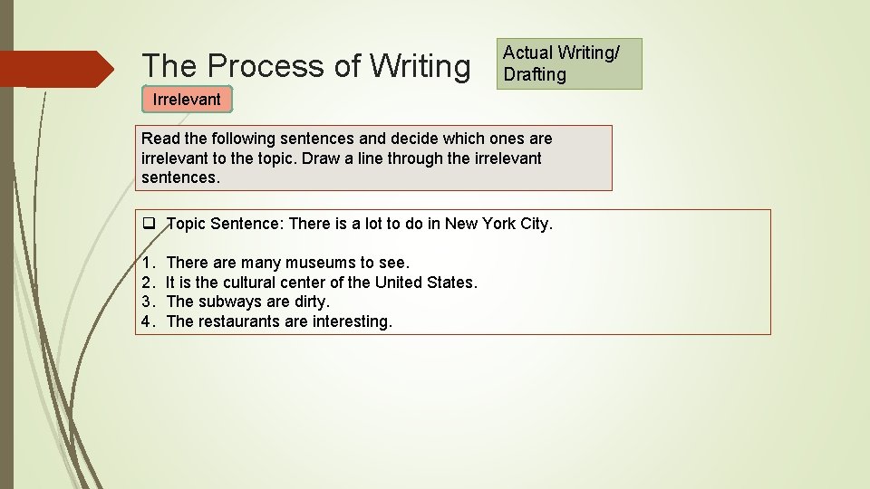 The Process of Writing Actual Writing/ Drafting Irrelevant Read the following sentences and decide