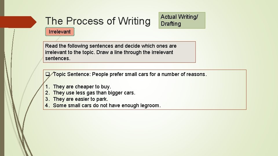 The Process of Writing Actual Writing/ Drafting Irrelevant Read the following sentences and decide