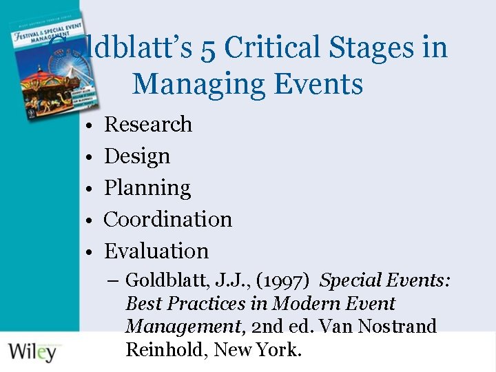 Goldblatt’s 5 Critical Stages in Managing Events • • • Research Design Planning Coordination
