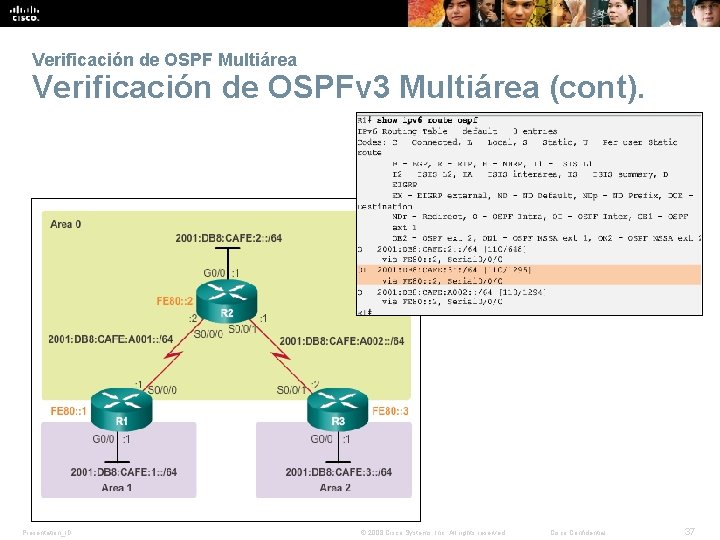 Verificación de OSPF Multiárea Verificación de OSPFv 3 Multiárea (cont). Presentation_ID © 2008 Cisco Verificación de OSPF Multiárea Verificación de OSPFv 3 Multiárea (cont). Presentation_ID © 2008 Cisco