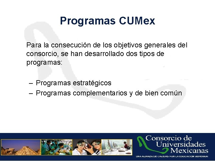 Programas CUMex Para la consecución de los objetivos generales del consorcio, se han desarrollado