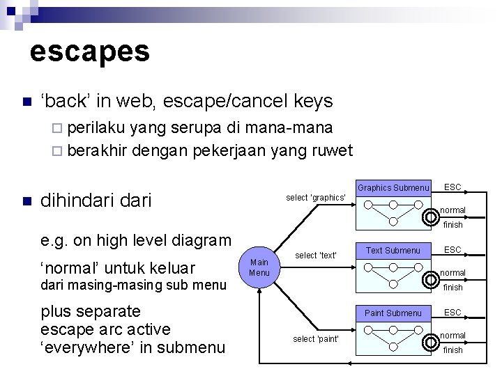 escapes n ‘back’ in web, escape/cancel keys ¨ perilaku yang serupa di mana-mana ¨