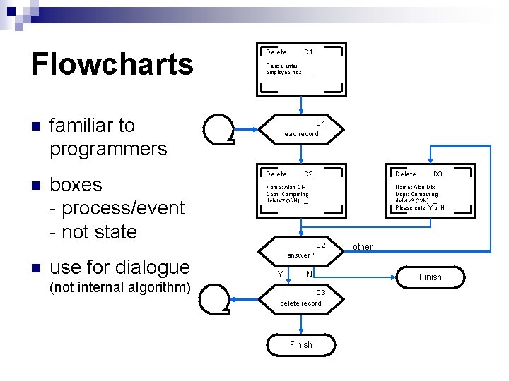 Flowcharts n n n familiar to programmers boxes - process/event - not state use