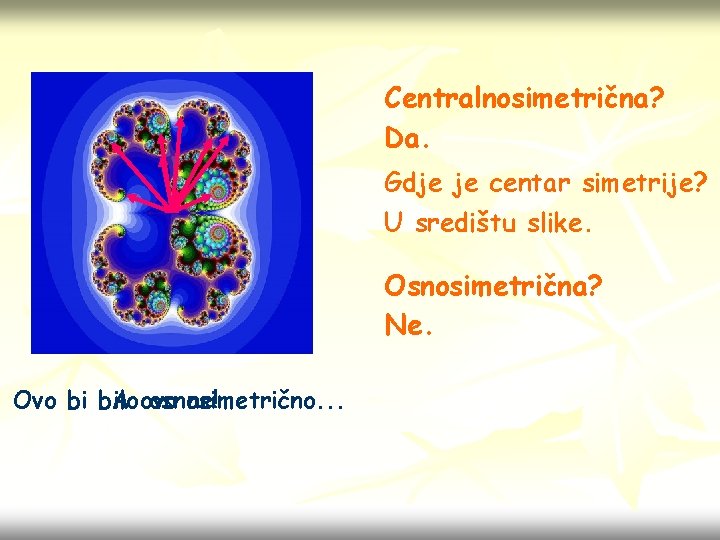 Centralnosimetrična? Da. Gdje je centar simetrije? U središtu slike. Osnosimetrična? Ne. Ovo bi bilo Centralnosimetrična? Da. Gdje je centar simetrije? U središtu slike. Osnosimetrična? Ne. Ovo bi bilo