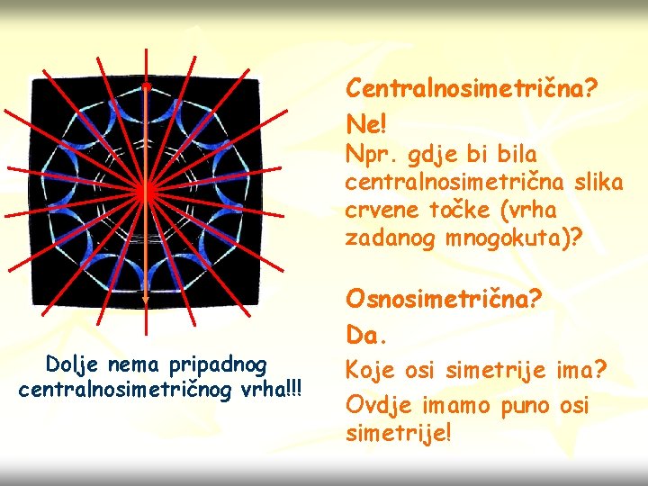Centralnosimetrična? Ne! Npr. gdje bi bila centralnosimetrična slika crvene točke (vrha zadanog mnogokuta)? Dolje Centralnosimetrična? Ne! Npr. gdje bi bila centralnosimetrična slika crvene točke (vrha zadanog mnogokuta)? Dolje