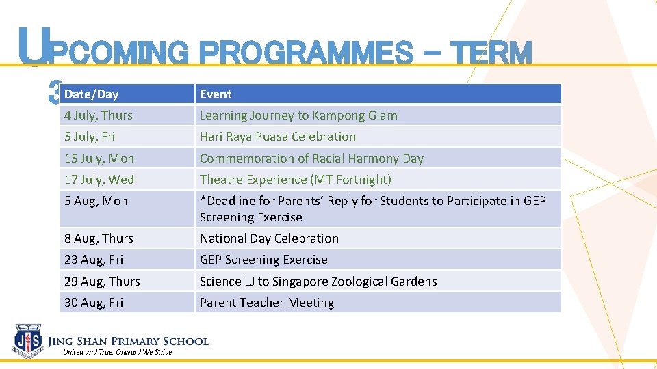 UPCOMING PROGRAMMES – TERM 3 Date/Day 4 July, Thurs Event Learning Journey to Kampong