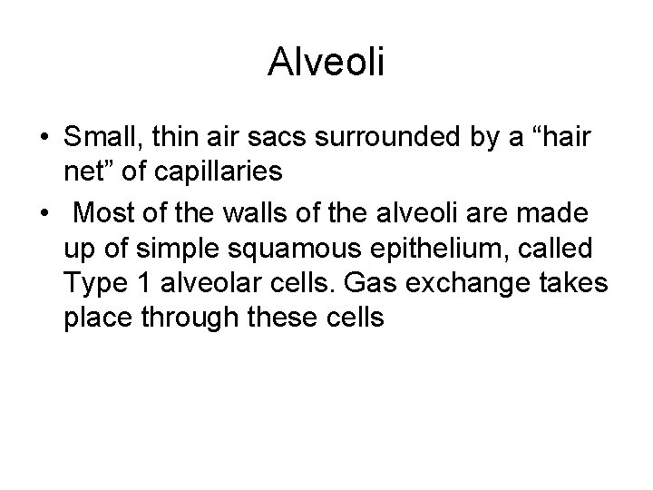 Alveoli • Small, thin air sacs surrounded by a “hair net” of capillaries •