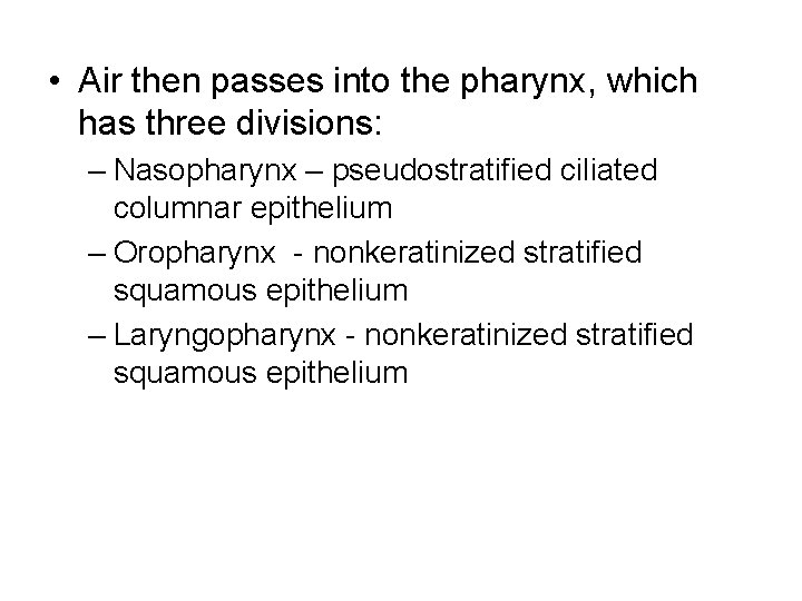  • Air then passes into the pharynx, which has three divisions: – Nasopharynx