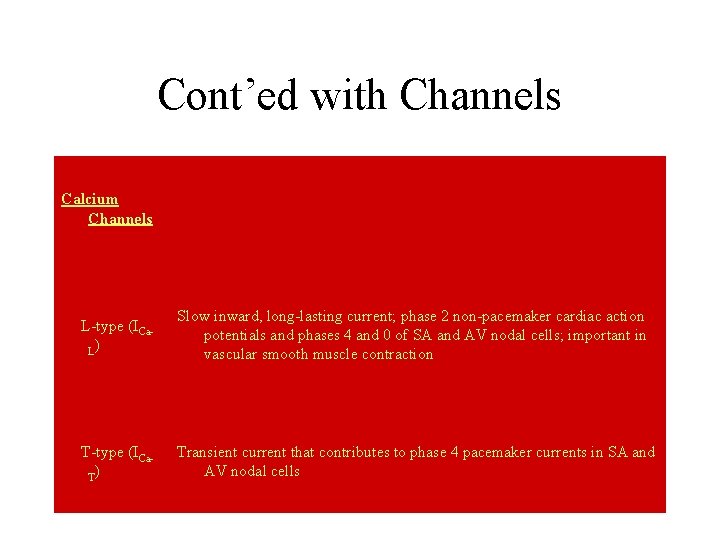 Cont’ed with Channels Calcium Channels L-type (ICa. L) Slow inward, long-lasting current; phase 2