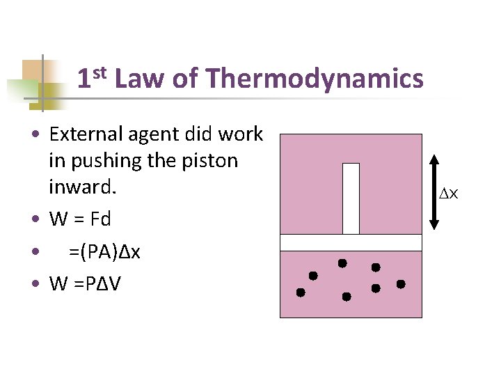 1 st Law of Thermodynamics • External agent did work in pushing the piston