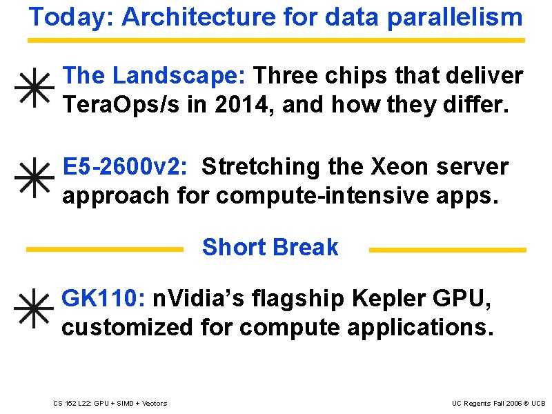 Today: Architecture for data parallelism The Landscape: Three chips that deliver Tera. Ops/s in