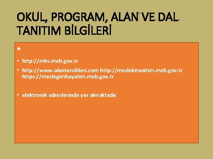 OKUL, PROGRAM, ALAN VE DAL TANITIM BİLGİLERİ • • http: //mbs. meb. gov. tr