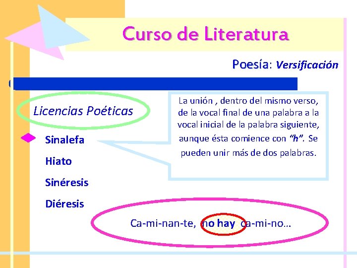 Curso de Literatura Poesía: Poesía Versificación Licencias Poéticas Sinalefa Hiato La unión , dentro