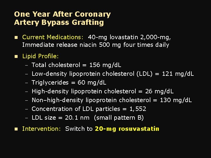 One Year After Coronary Artery Bypass Grafting n Current Medications: 40 -mg lovastatin 2,