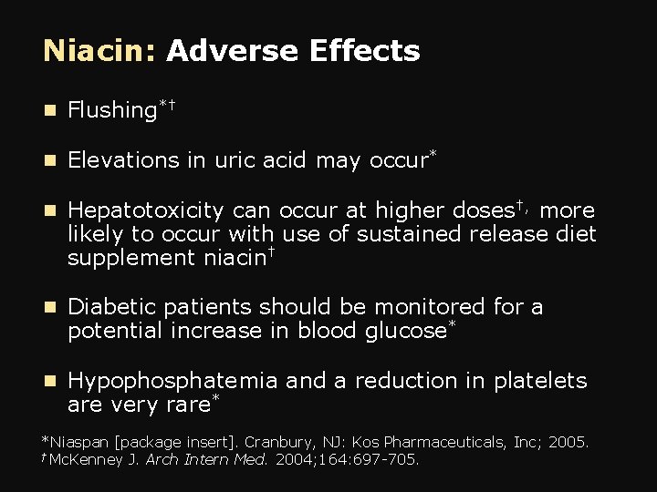 Niacin: Adverse Effects n Flushing*† n Elevations in uric acid may occur* n Hepatotoxicity