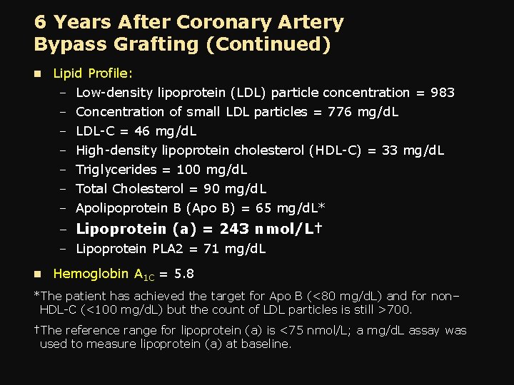 6 Years After Coronary Artery Bypass Grafting (Continued) n Lipid Profile: – Low-density lipoprotein