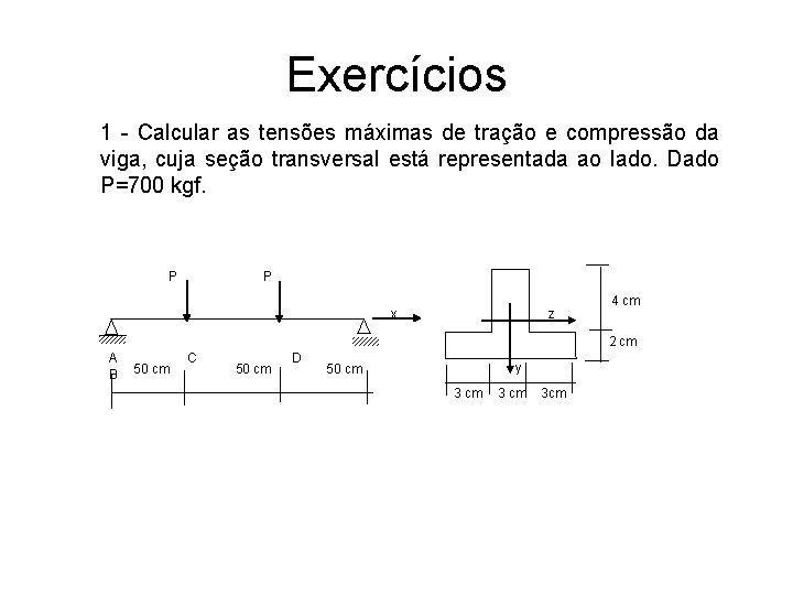 Exercícios 1 - Calcular as tensões máximas de tração e compressão da viga, cuja