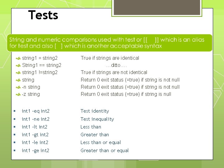 Tests string 1 = string 2 String 1 == string 2 string 1 !=string