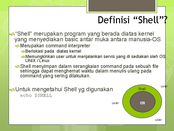 Definisi “Shell”? “Shell” merupakan program yang berada diatas kernel yang menyediakan basic antar muka