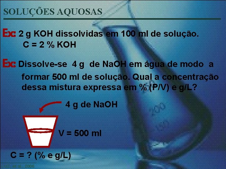 SOLUÇÕES AQUOSAS Ex: 2 g KOH dissolvidas em 100 ml de solução. C =