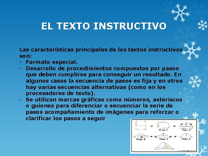 EL TEXTO INSTRUCTIVO Las características principales de los textos instructivos son: - Formato especial.