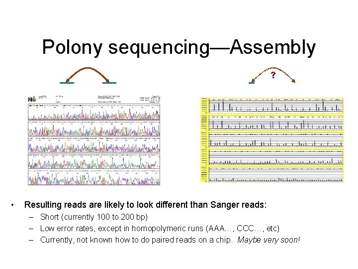 Polony sequencing—Assembly ? • Resulting reads are likely to look different than Sanger reads: Polony sequencing—Assembly ? • Resulting reads are likely to look different than Sanger reads: