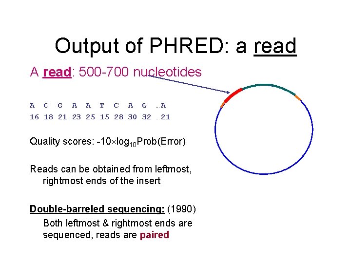 Output of PHRED: a read A read: 500 -700 nucleotides A C G A Output of PHRED: a read A read: 500 -700 nucleotides A C G A
