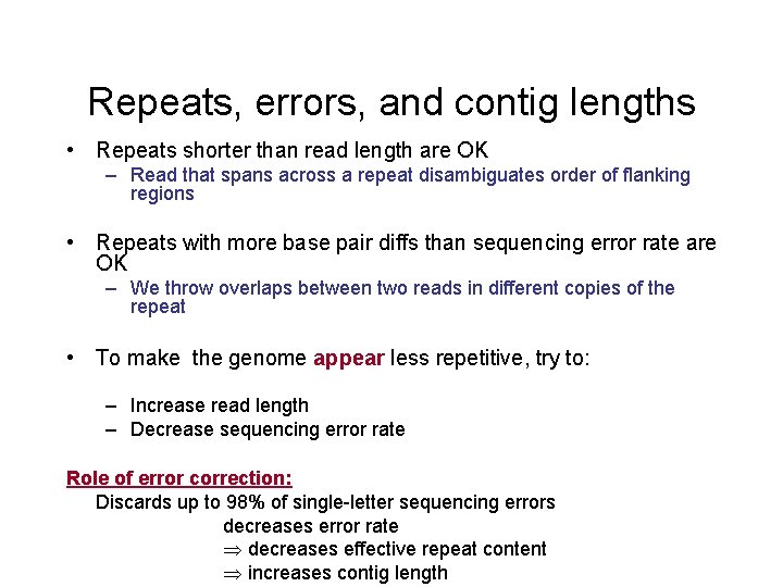 Repeats, errors, and contig lengths • Repeats shorter than read length are OK – Repeats, errors, and contig lengths • Repeats shorter than read length are OK –