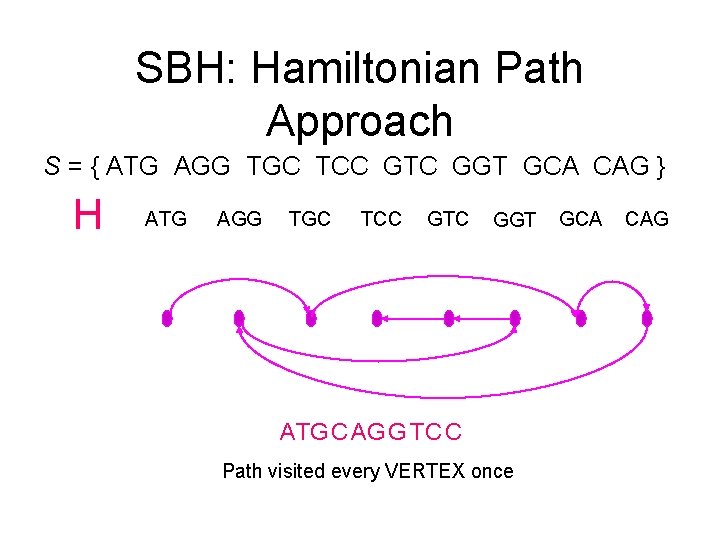 SBH: Hamiltonian Path Approach S = { ATG AGG TGC TCC GTC GGT GCA SBH: Hamiltonian Path Approach S = { ATG AGG TGC TCC GTC GGT GCA