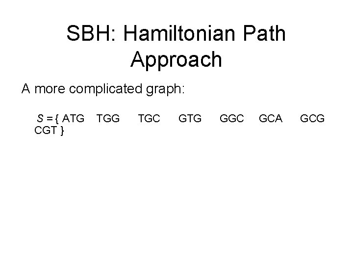 SBH: Hamiltonian Path Approach A more complicated graph: S = { ATG CGT } SBH: Hamiltonian Path Approach A more complicated graph: S = { ATG CGT }