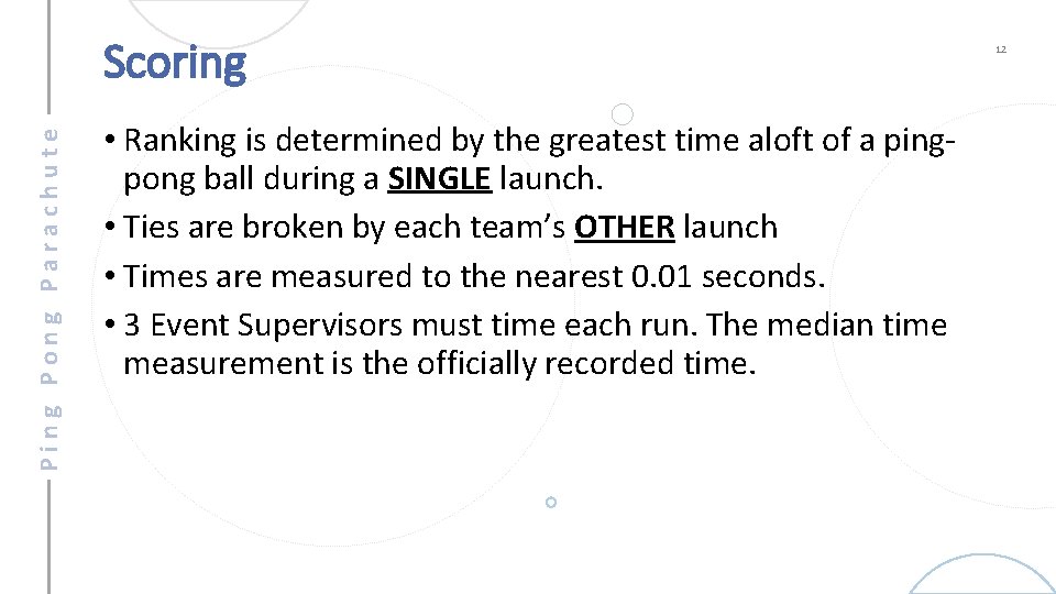 Ping Pong Parachute Scoring • Ranking is determined by the greatest time aloft of