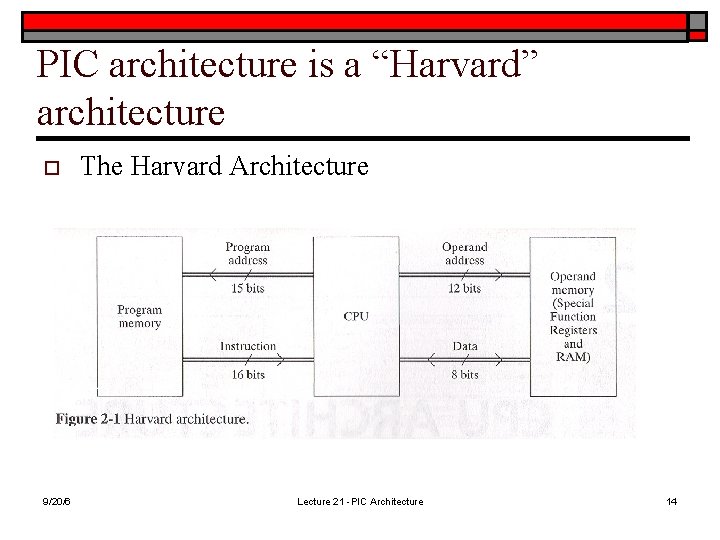 PIC architecture is a “Harvard” architecture o 9/20/6 The Harvard Architecture Lecture 21 -PIC