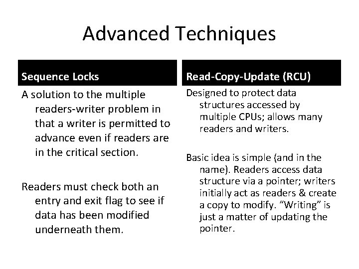 Advanced Techniques Sequence Locks Read-Copy-Update (RCU) A solution to the multiple readers-writer problem in