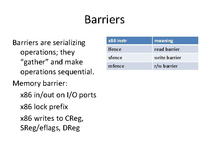 Barriers are serializing operations; they “gather” and make operations sequential. Memory barrier: x 86