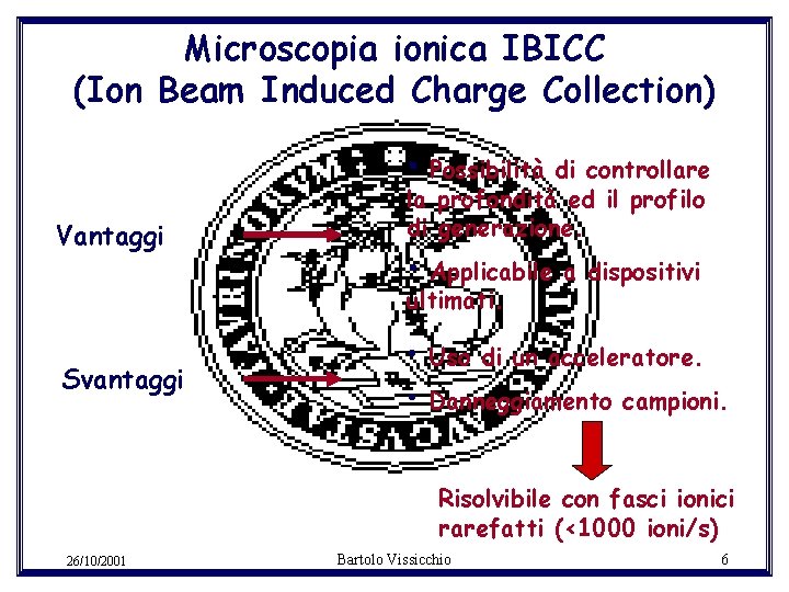 Microscopia ionica IBICC (Ion Beam Induced Charge Collection) • Vantaggi Possibilità di controllare la