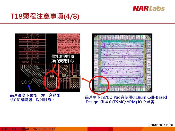 T 18製程注意事項(4/8) 要能看到打線 頭的實體形狀 晶片實際下線後，左下角將出 現CIC辯識層，以利打線。 晶片左下方的IO Pad有使用 0. 18 um Cell-Based Design Kit