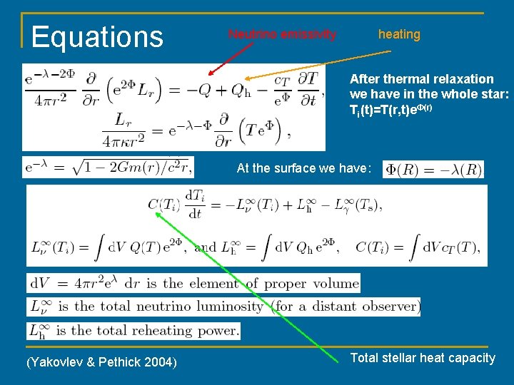 Equations Neutrino emissivity heating After thermal relaxation we have in the whole star: Ti(t)=T(r,