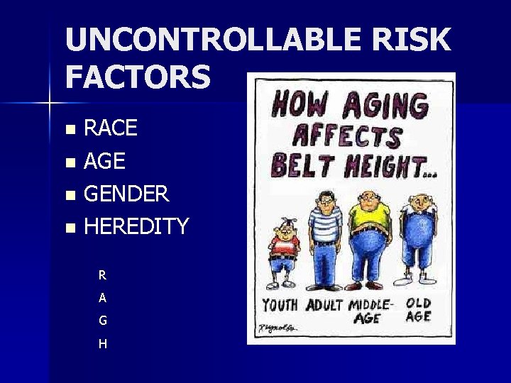 UNCONTROLLABLE RISK FACTORS RACE n AGE n GENDER n HEREDITY n R A G