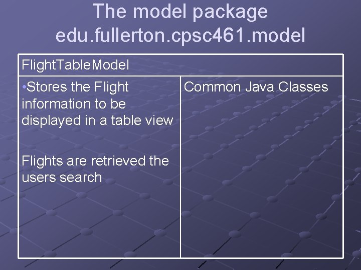 The model package edu. fullerton. cpsc 461. model Flight. Table. Model • Stores the