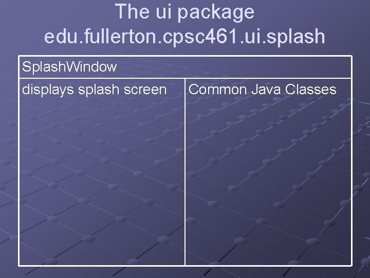 The ui package edu. fullerton. cpsc 461. ui. splash Splash. Window displays splash screen