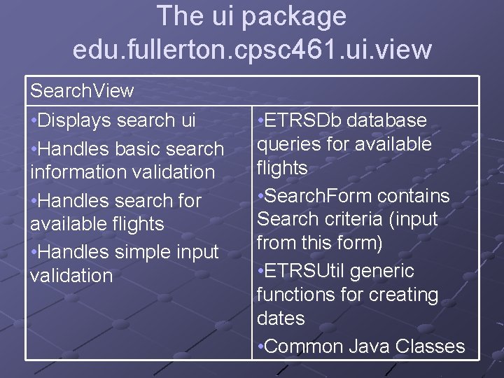 The ui package edu. fullerton. cpsc 461. ui. view Search. View • Displays search