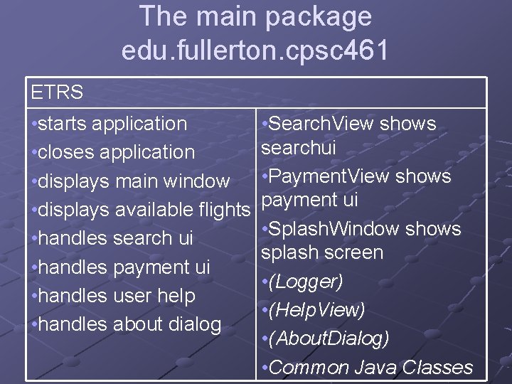 The main package edu. fullerton. cpsc 461 ETRS • starts application • closes application
