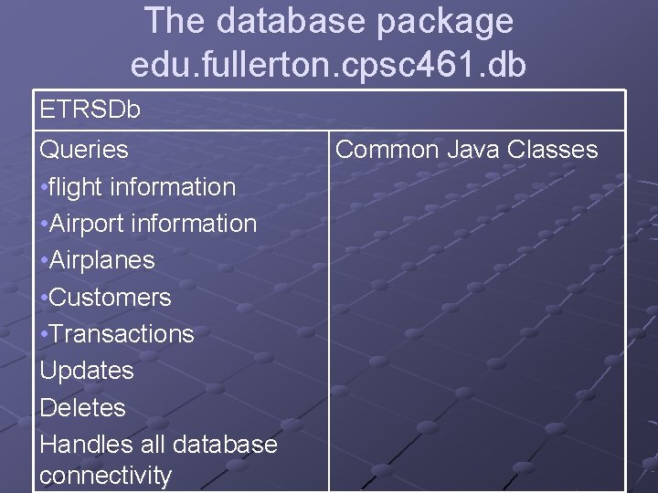 The database package edu. fullerton. cpsc 461. db ETRSDb Queries • flight information •