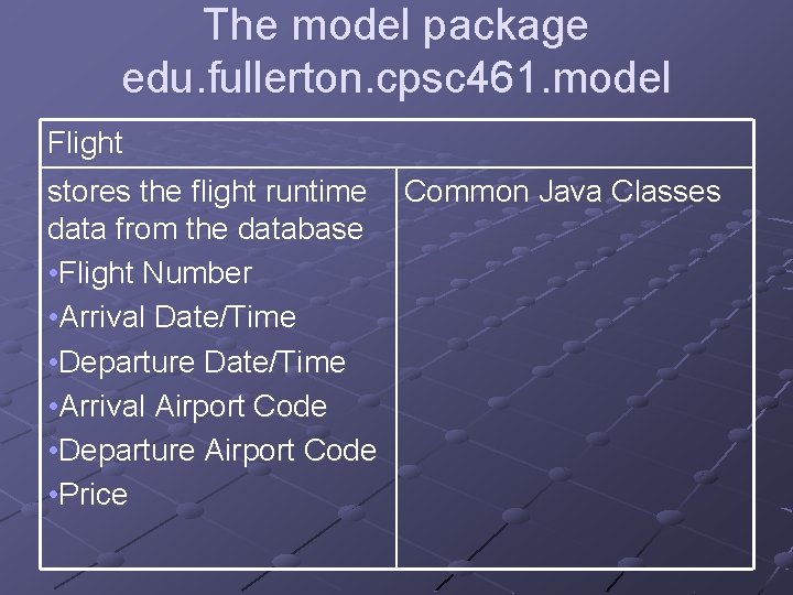 The model package edu. fullerton. cpsc 461. model Flight stores the flight runtime Common