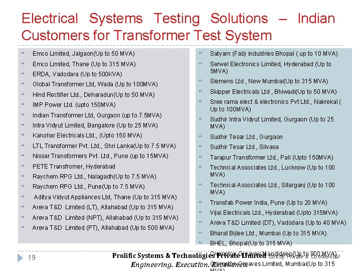 Electrical Systems Testing Solutions – Indian Customers for Transformer Test System Emco Limited, Jalgaon(Up