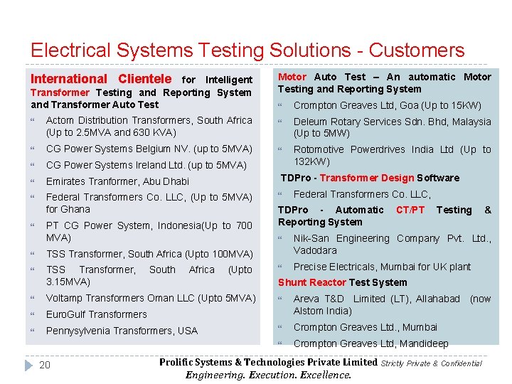 Electrical Systems Testing Solutions - Customers International Clientele for Intelligent Transformer Testing and Reporting